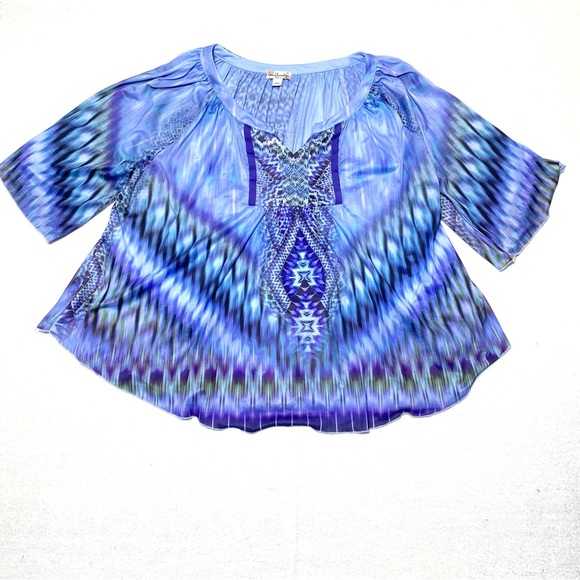 World unity Tops - World Unity Blouse Womens 2X Blue Boho Beaded V-Neck 3/4 Bell Sleeve Casual Top